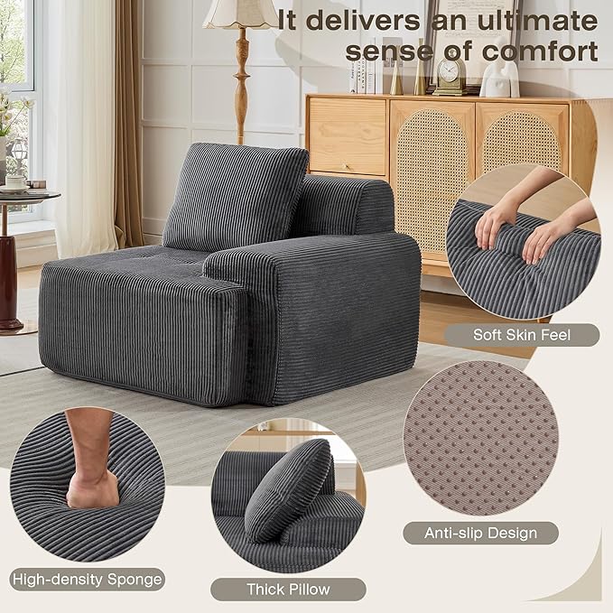 Modular Sectional Sofa, Boneless Couches for Living Room, Corduroy Couch, Big Comfy Couch, Modular Cloud Sofa with Deep Seat (Grey, 1 Piece-Right Armchair)