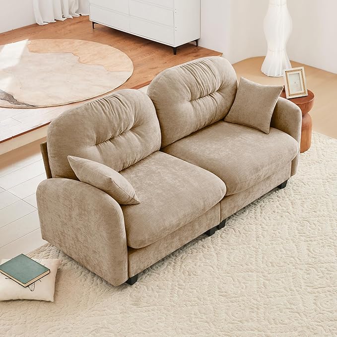 KEIKI 74" Oversized Chenille Modular Sectional Loveseat Sofa with High-Density Foam Cushions and Tufted Pleated Cushion Backrest, Upholstered 2-Seater Cloud Couch with 2 Pillow, for Living Room, Camel