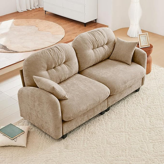KEIKI 74" Oversized Chenille Modular Sectional Loveseat Sofa with High-Density Foam Cushions and Tufted Pleated Cushion Backrest, Upholstered 2-Seater Cloud Couch with 2 Pillow, for Living Room, Camel