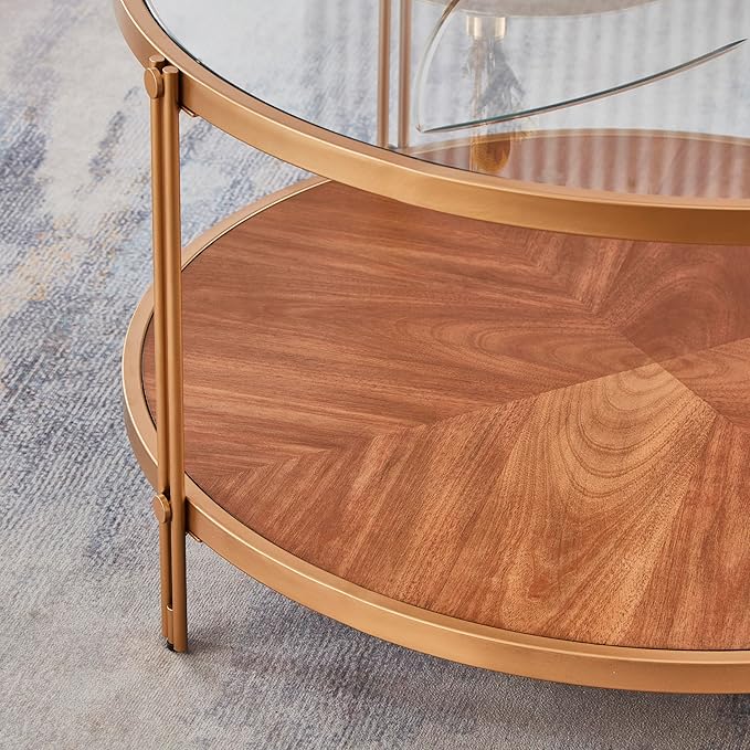 32in Round Wood Coffee Tables with Glass Top ＆ Metal Leg, 2 Tier Circle Coffee Table for Living Room,Wooden Coffee Tables,Easy Assembly (Only Coffee Table, 32" Dx32 Wx18 H, Gold)