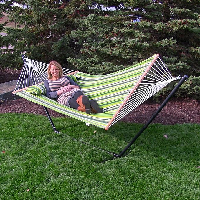 Sunnydaze Quilted Double Hammock for Outside with Spreader Bars and Pillow - 450 lb Capacity, 74x55 Inch Bed, UV Resistant, Quick Dry - Chains Included, Stand Sold Separately - Melon Stripe - Image 8