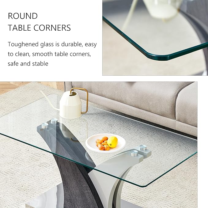 Rectangular Glass Coffee Table for Living Room, 39" Modern Clear Center Table, Tempered Glass Living Room Table with Wood Grain Textures Base