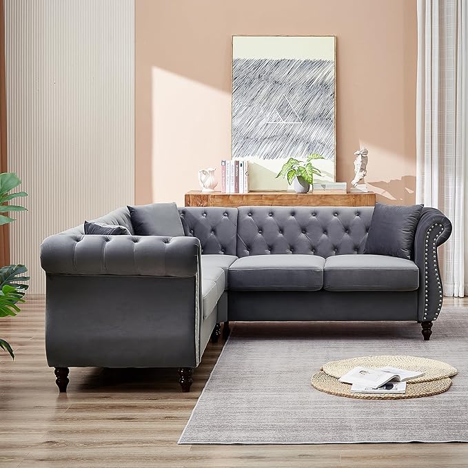 KEIKI 83.5" Chesterfield Corner Sofa, Retro Upholstered L-Shaped Couch with Rolled Arm, 5 Seater Velvet Sofas for Living Room Bedroom Office Apartment, Gray