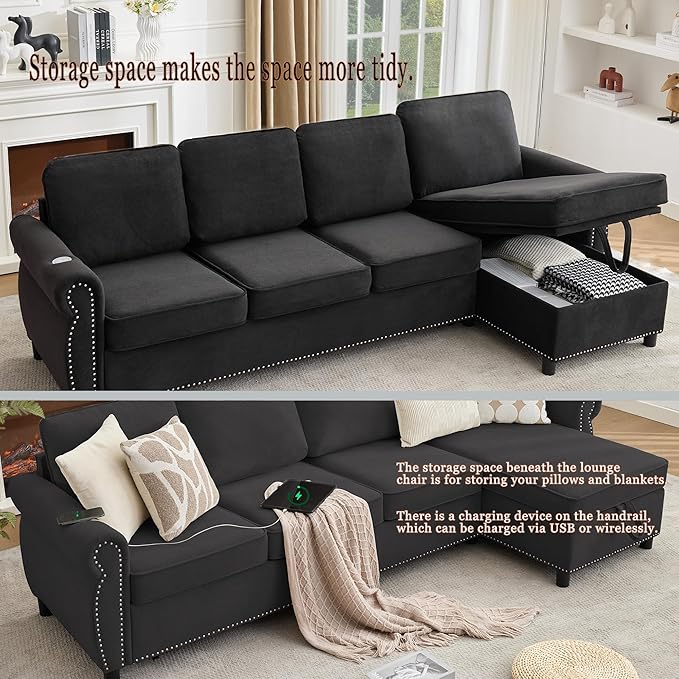 ERYE L-Shaped Reversible Sectional Sofa with Pull Out Queen Memory Mattress Sleeper Bed, 2-in-1 L-Shaped Corner Sectional Couches W/Wireless Charging, Storage Chaise Lounge