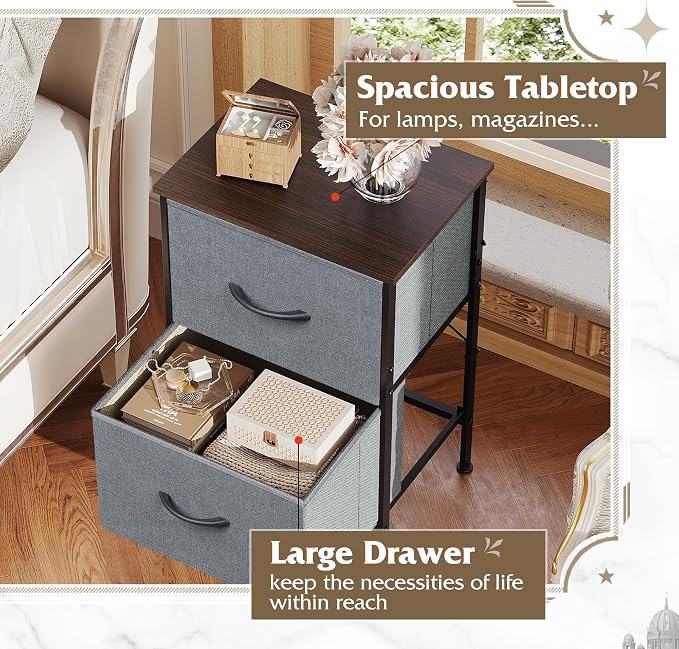 WLIVE Night Stand, Small Dresser with 2 Drawers & Wooden Top, Nightstand with Fabric Bins, Bedside Table End Table for Bedroom, Closet, Entryway, College Dorm, Charcoal Black - Image 5