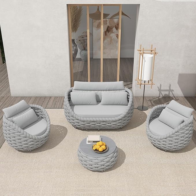 TWT 5 Pieces Patio Furniture Set, Outdoor Rope Conversation Sectional Patio Sofa with 5 Seater for Backyard, Porch, Modern Armchairs with Thickness Cushions and Side Table, Light Grey