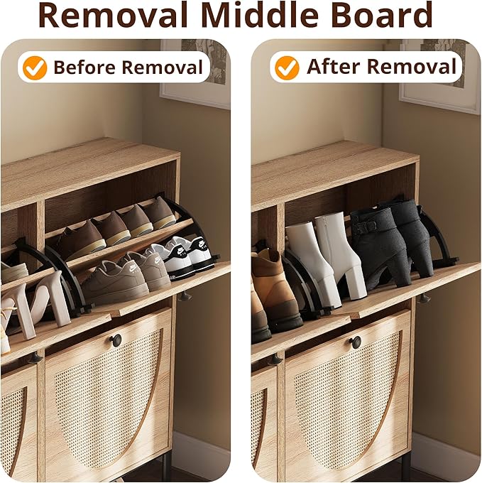 IRONCK Rattan Shoe Cabinet Storage with 4 Flip Drawers, Freestanding Shoe Storage Organizer Cabinet for Entryway, Narrow Shoe Rack Cabinet, Oak - Image 6