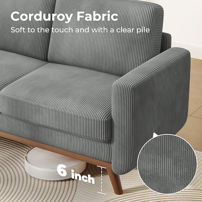 68" Dark Gray Corduroy Loveseat Sofa, Comfy Deep Seat Couch with Spring Cushion & Solid Wood Frame, Modern 2-Seater Sofa for Living Room Bedroom Office