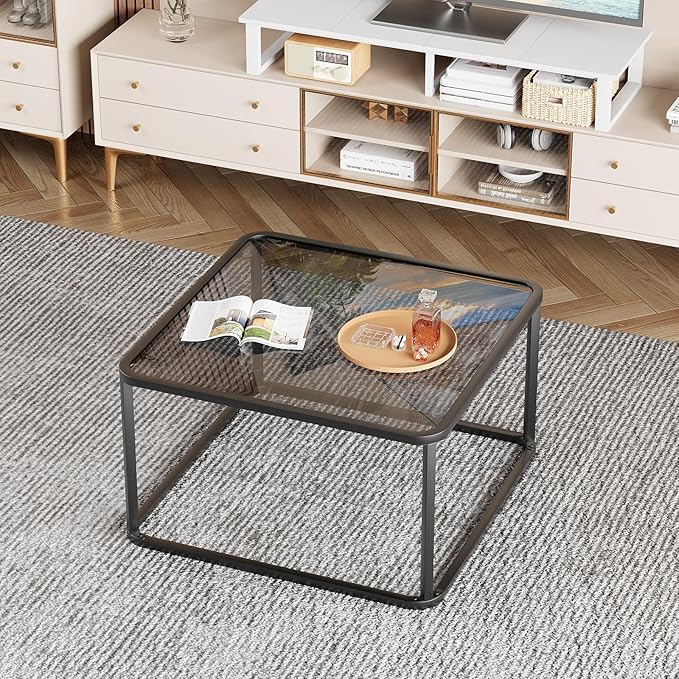 Coffee Table Glass, Minimalist Square Tables for Living Room, Modern Center Table for Office or Small Space, Sturdy Metal Frame, Easy Assembly, 26.4 x 26.4 x 15.7 Inches, Black & Grey Glass