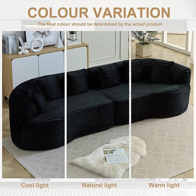 106-Inch Curved Boneless Sofa Couches Compressed 4-Seat Foam Couch for Living Room Bedroom, Boneless Modular Cloud Sofa Curved Floor Couch with 6 Pillows, No Assembly