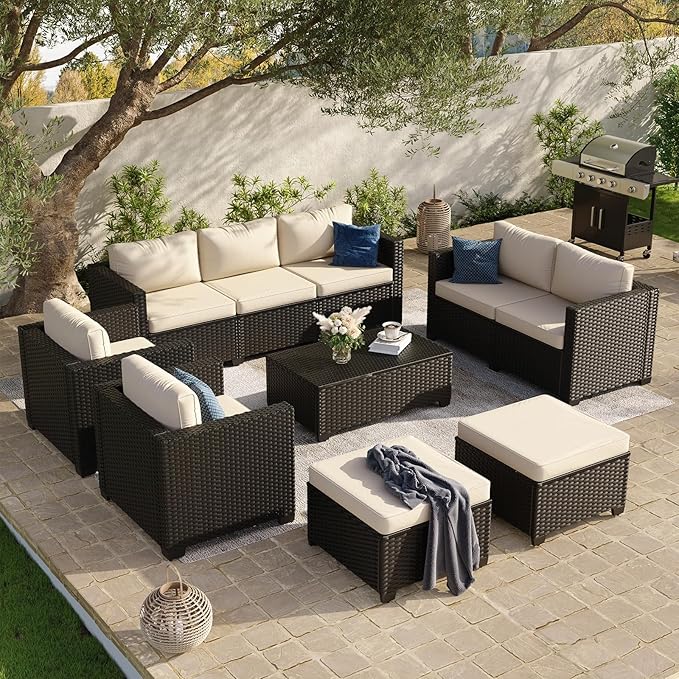 Aoxun 10 Piece Outdoor Patio Furniture Set 9 Seats, Outdoor Sectional with Thick Waterproof Cushions & Storage Coffee Table, Patio Conversation Sets for Garden,Backyard, Porch, Balcony, Deck, Beige