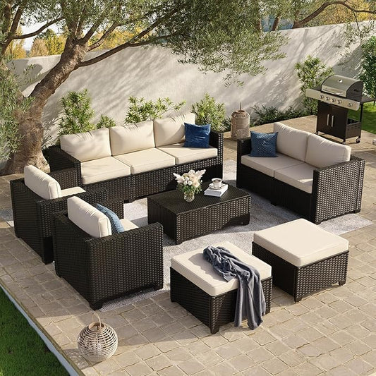 Aoxun 10 Piece Outdoor Patio Furniture Set 9 Seats, Outdoor Sectional with Thick Waterproof Cushions & Storage Coffee Table, Patio Conversation Sets for Garden,Backyard, Porch, Balcony, Deck, Beige