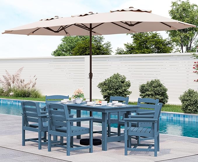 SERWALL 8-Piece Patio Dining Sets with 15FT Double Side Patio Umbrella, Outdoor HDPE Dining Furniture Set with Umbrella Hole Cut-Out Table and 6 Chairs, Blue（Umbreall Base not Included） by SERWALL
