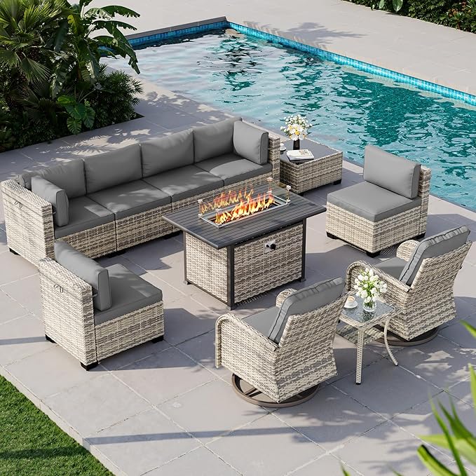 11-Piece Outdoor Patio Furniture Set with Rocking Swivel Chair, Wicker Rattan Sectional Sofa Conversation Set with 55,000 BTU Fire Pit Table, Backyard Furniture, Grey