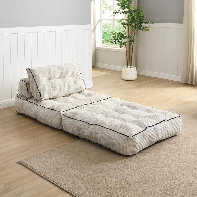 Ball & Cast Folding Sofa Bed, Futon Couch Bed with Pillow and Backrest, Convertible Sleeper Chair Comfy Floor Sofa for Living Room Bedroom, Beige