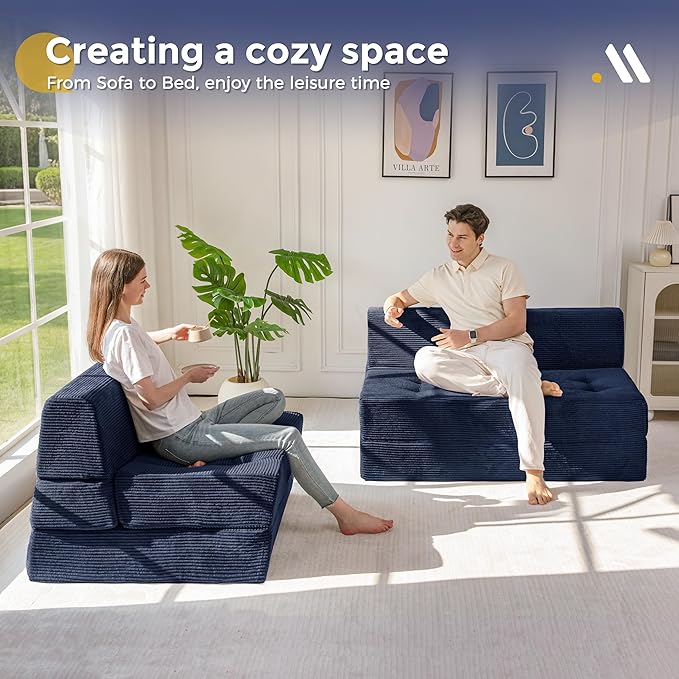 MAXYOYO 8" Folding Sofa Bed, Convertible Sleeper Sofa Lounger Foldable Mattress, Wedge Shape Floor Couch Tufted Fold Out Chair Bed Comfy Floor Couch Lounge for Living Room Bedroom, Single, Navy