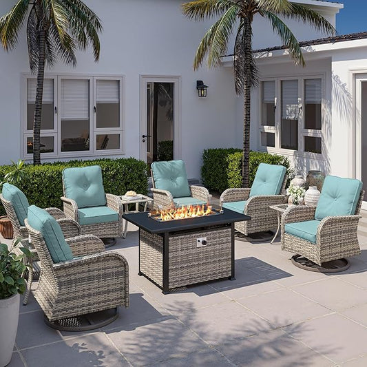 10Pcs Patio Rocking Swivel Chair with 55,000 BTU Fire Pit Table Outdoor Wicker Rattan Bistro Set with Tempered Glass Side Table, Patio Furniture Set for Garden and Balcony, Light Blue