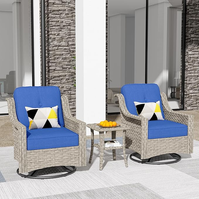 HOOOWOOO 3 Piece Patio Furniture Bistro Sets,Outdoor Wicker Swivel Rocking Chairs with Table Set,All Weather Resistant High Back Rattan Conversation Set(Navy Blue)