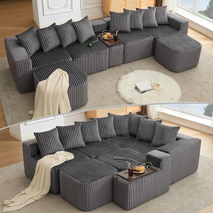 Oversized Cloud Modular Sectional Sofa Boneless Couch with Movable Ottomans,Free Combination Memory Foam Floor Couch with Charging Port & Cup Holders for Living Room | Coffee Table Board, Wireless Charge, No Assembly