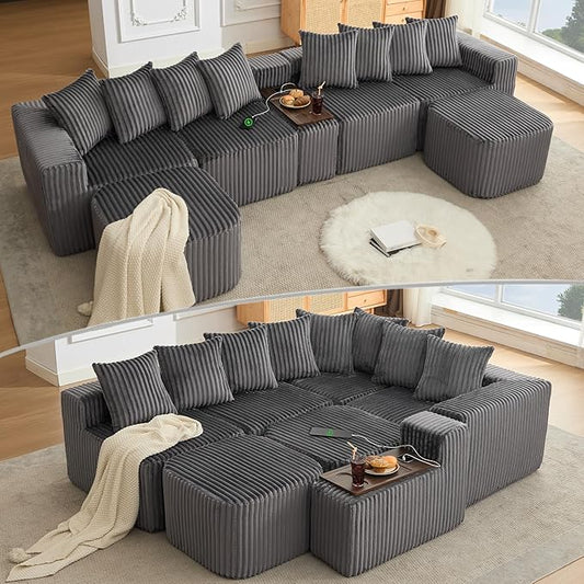 Oversized Cloud Modular Sectional Sofa Boneless Couch with Movable Ottomans,Free Combination Memory Foam Floor Couch with Charging Port & Cup Holders for Living Room | Coffee Table Board, Wireless Charge, No Assembly