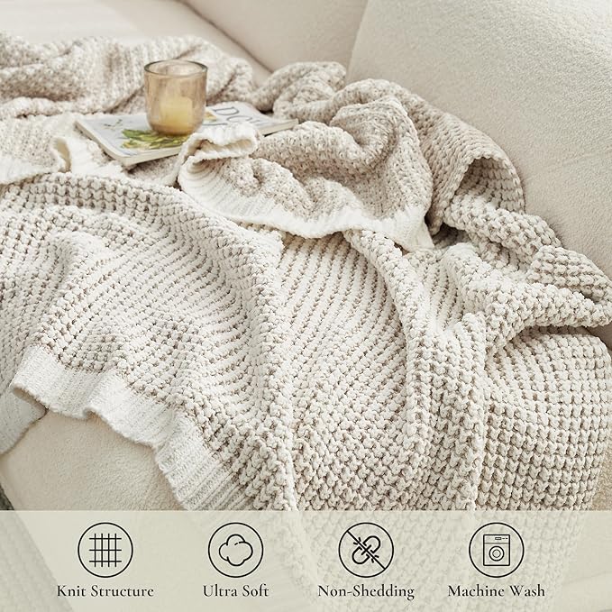 Amélie Home Knit Throw Blanket, Soft Chenille Cozy Breathable Pineapple Chunky Decorative Blanket for Couch, Bed & Sofa, French-Inspired Lightweight Warm Gift for Women, Beige, 50"x60"