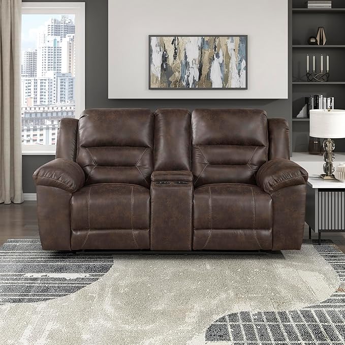Lexicon Double Recliner Loveseat with Center Console, Wall Hugger Manual Reclining Couch, Textured Microfiber Upholstered Dual Reclining Love Seat, Home Theater Seating, Required Assembly, Dark Brown