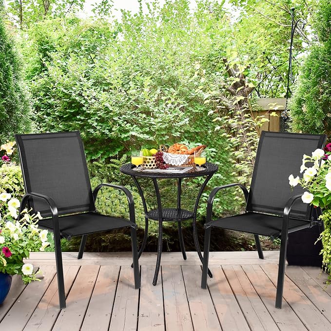 Tangkula 2 Piece Patio Dining Chairs, Outdoor Bistro Chairs W/Curved Armrests, Easy-to-Dry Fabric, Reinforced Steel Frame, Wide & Comfortable Camping Chairs for Garden, Poolside, Backyard (1, Black) - Image 2