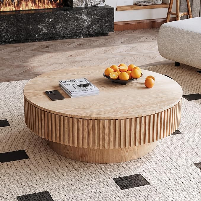 39.37'' Round Coffee Table with Storage, Solid Wood Veneered Modern Drum Coffee Table Accent Tea Table for Living Room, Bedroom, Apartment or Office-Natural