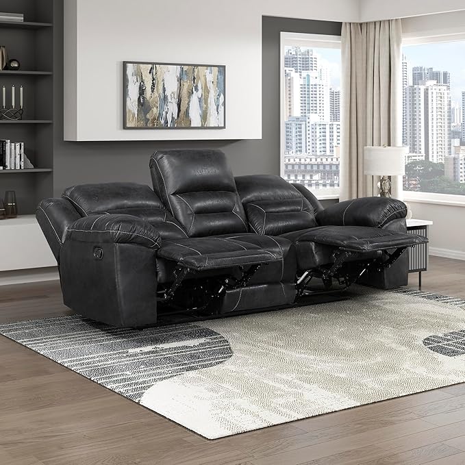 Lexicon Double Recliner Sofa for Living Room, Wall Hugger Manual Reclining Couch Sofa, Textured Microfiber Upholstered Dual Reclining Sofa, Home Theater Seating, Required Assembly, Black