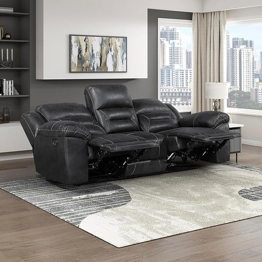 Lexicon Double Recliner Sofa for Living Room, Wall Hugger Manual Reclining Couch Sofa, Textured Microfiber Upholstered Dual Reclining Sofa, Home Theater Seating, Required Assembly, Black