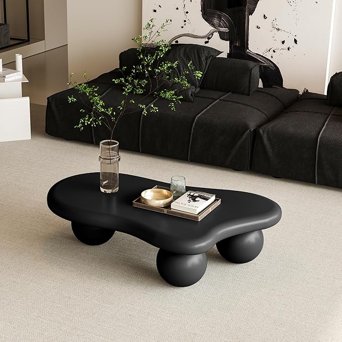40” Cloud Coffee Table with 3 Ball Legs, Modern Irregular Center Table for Living Room, Low Cute Small MDF Tea Table for Bedroom, Space Apartment-Black