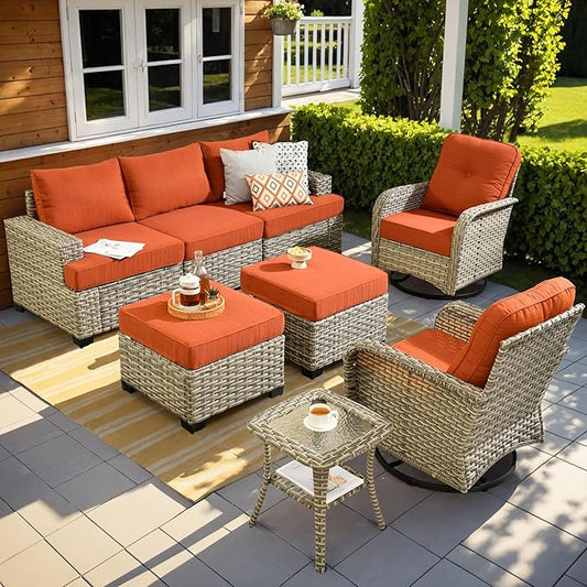 ovios 8 Piece Patio Sectional Furniture with Swivel Rocking Chairs, Rattan Wicker Coversation Set with Glowing Coffee Table, Outdoor Sofa Set for Outside Porch Balcony Backyard Pool, Orange