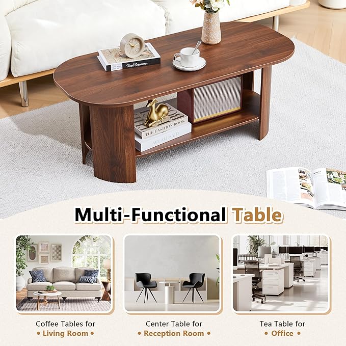 Oval Coffee Table for Living Room, 43.3” Farmhouse Coffee Tables with Storage, 2-Tier Wood Center Table with Storage Shelf Low Tea Table for Small Space, Home, Office, Easy Assembly (Walnut)