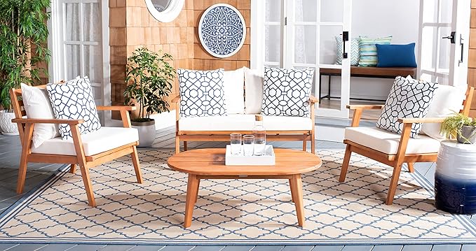 SAFAVIEH Outdoor Deacon Natural and Beige 4-Piece Set with Blue and White Pillows