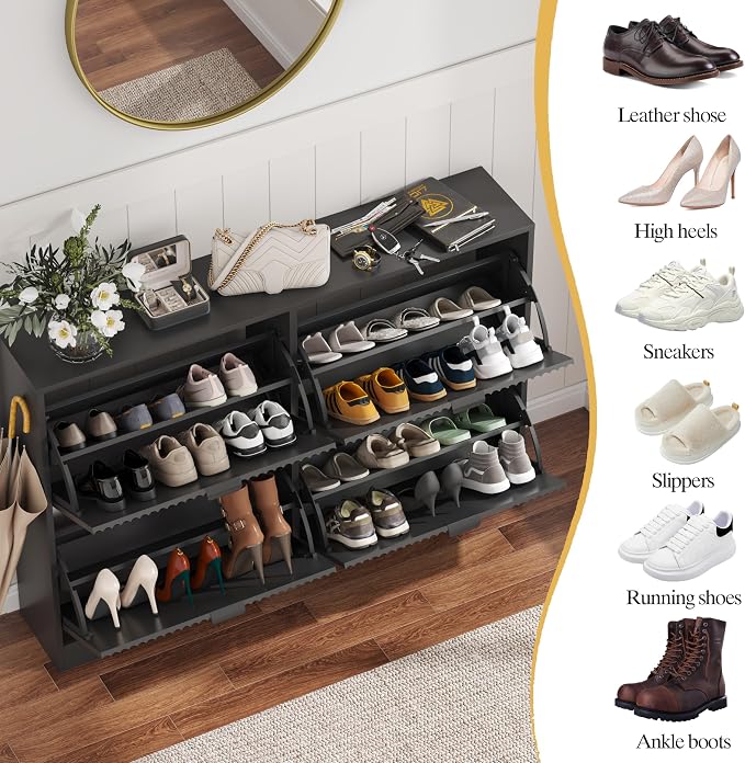 HUANLEGO Shoe Cabinet Storage for Entryway with 4 Flip Drawers, Black Fluted Shoe Cabinet with Adjustable Shelves, Wooden Hidden Shoe Rack Freestanding Narrow Slim Shoes Storage for Hallway, Entrance - Image 4