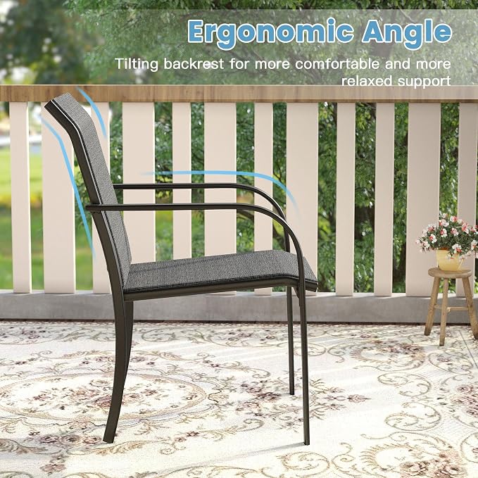 DIFY Outdoor Dining Set for 4, Patio Dining Furniture Set Includes 42" Grey Wood-Like Round Table with Adjustable Umbrella Hole and 4 Grey Stackable Metal Chairs for Poolside, Garden, Backyard - Image 5