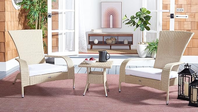 SAFAVIEH Outdoor Patio Furniture Collection Edna 3-Piece Lounge Set with Beige Faux Rattan Armchairs, Cushions & Side Table, Conversation Seating (PAT7719B)