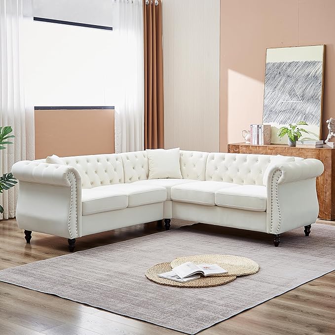 KEIKI 83.5" Chesterfield Corner Sofa, Retro Style Upholstered L-Shaped Velvet Couch with Rolled Arm, 5 Seater Corner Sofas for Living Room Bedroom Office Apartment, Beige