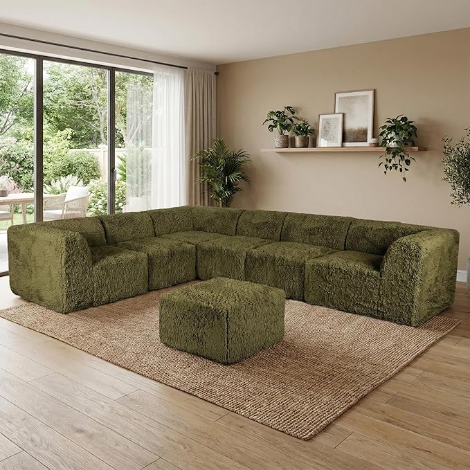 Furniture of America Havyn Modern Faux Fur 7-Seater L-Shaped Modular Foam Sectional Sofa with Ottoman, Compressed Couch in a Box, No Assembly Required, for Living Room and Office, Olive Green