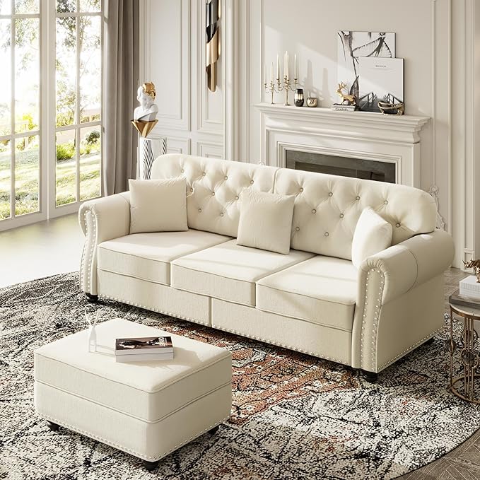 KEIKI 83" Velvet Chesterfield Sofa with Rolled Arms & Nailhead Trim & 1 Ottoman, Modern 3-Seater Button Tufted Couch with High Resilience Cushion & 3 Pillow, Easy Assembly, for Living Room, White