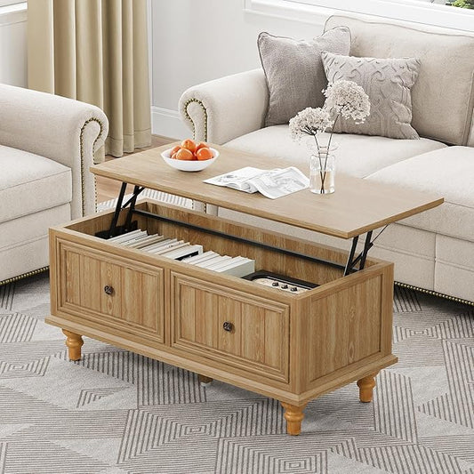 39" Lift Top Coffee Table, Wood Center Table with Storage, Retro Coffee Tables Rectangular Dining Table for Living Room Home Office Small Space (Natural)