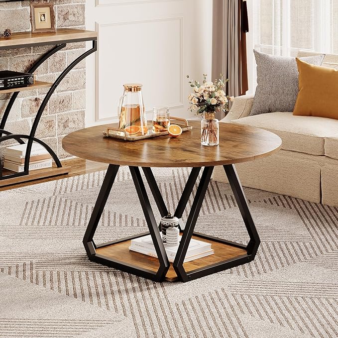 Round Coffee Table, 31.5" 2-Tier Center Table with Storage Shelf, Modern Rustic Circle Wood Coffee Table for Living Room, Apartment (Rustic Brown)