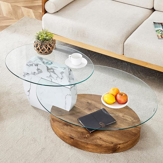 Ebullient Glass Coffee Table, 47" Oval Coffee Table, 2-Tier Glass Tabletop with Wood Base, Easy to Maintain and Assemble, Ideal for Dining Room, Living Room