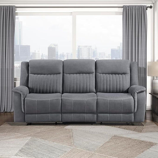 Lexicon Manual Double Reclining Sofa, Polished Microfiber Upholstered 3 Seater Manual Sofa Recliner for Living Room, Wall Hugger, Easy Assembly, Gray