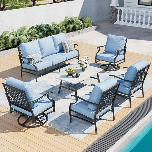 6 Piece Metal Outdoor Patio Furniture Set, Patio Conversation Sets 1 3-Seater Sofa, 2 Swivel Chair, 2 Leg Chair with 5.75" Thick Cushion and Coffee Table, Backyard Furniture Set, Blue
