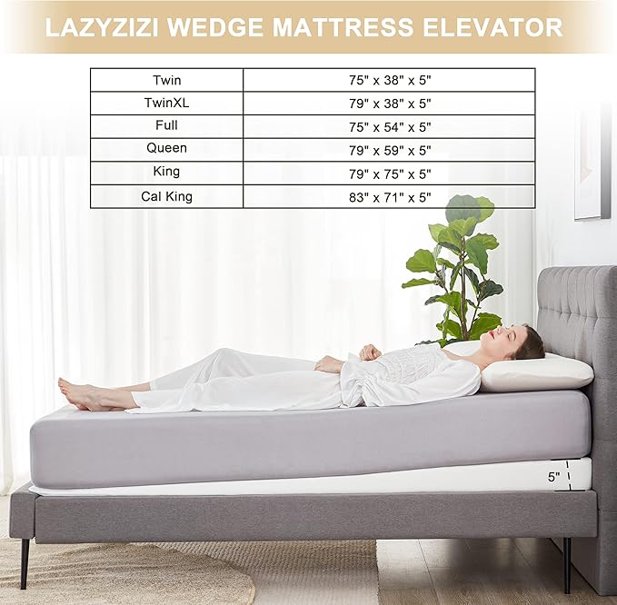 Lazyzizi Wedge Mattress Elevator 5-Inch Inclined Mattress Topper for Acid Reflux, GERD, Neck & Back Pain, Snoring, Under Bed Wedge Mattress with Washable Cover & Non-Slip Bottom for Bedroom, Full