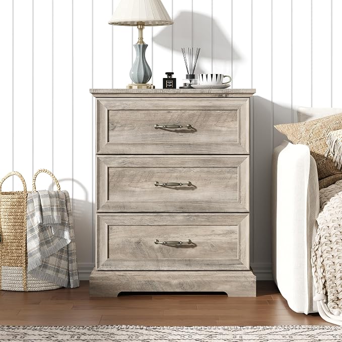Nightstand with 3 Large Drawers,24" Wide End Table with Metal Handles,Rustic Farmhouse Wood Small Dresser,Bedside Table,Modern Chest of Drawers for Bedroom,Living Room,Grey - Image 3