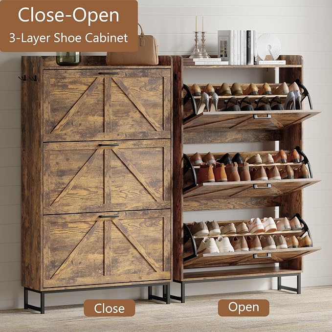 Shoe Cabinet with 3 Flip Drawers, Freestanding Hidden Shoe Storage Organizer for Entryway, Narrow Slim Shoe Rack Cabinet with Open Storage & Hooks for Front Door Entrance, Living Room, Hallway, Brown - Image 3