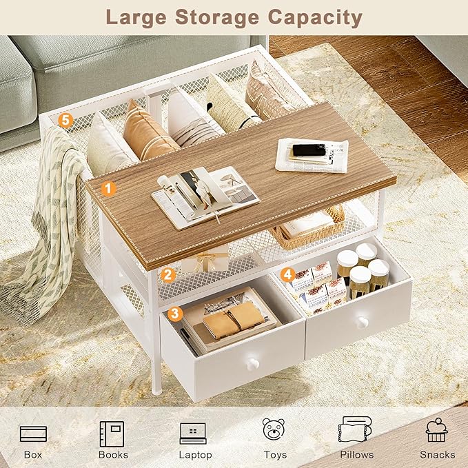 FABATO Flip Top Coffee Table, Square Coffee Table Metal Wood, Farmhouse Lift Up Coffee Tables Cocktail Table with Wire Mesh Barn Door and Storage, Steel Frame, Small Tea Table for Living Room, White