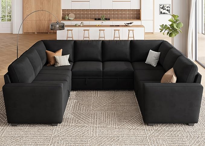 HONBAY Modular Sectional Couch with Storage, Velvet U-Shaped Sectional Sofa with Storage Ottoman Convertible U-Shaped Sofa for Living Room, Black